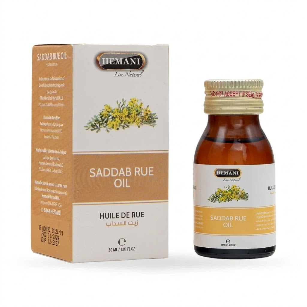 Hemani Saddab Rue Oil packaging and bottle on a white background