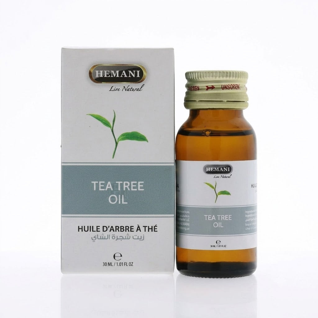 Hemani Tea Tree Oil bottle and packaging on a white background