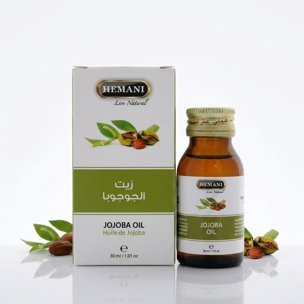 Hemani Jojoba Oil bottle and packaging on a white background