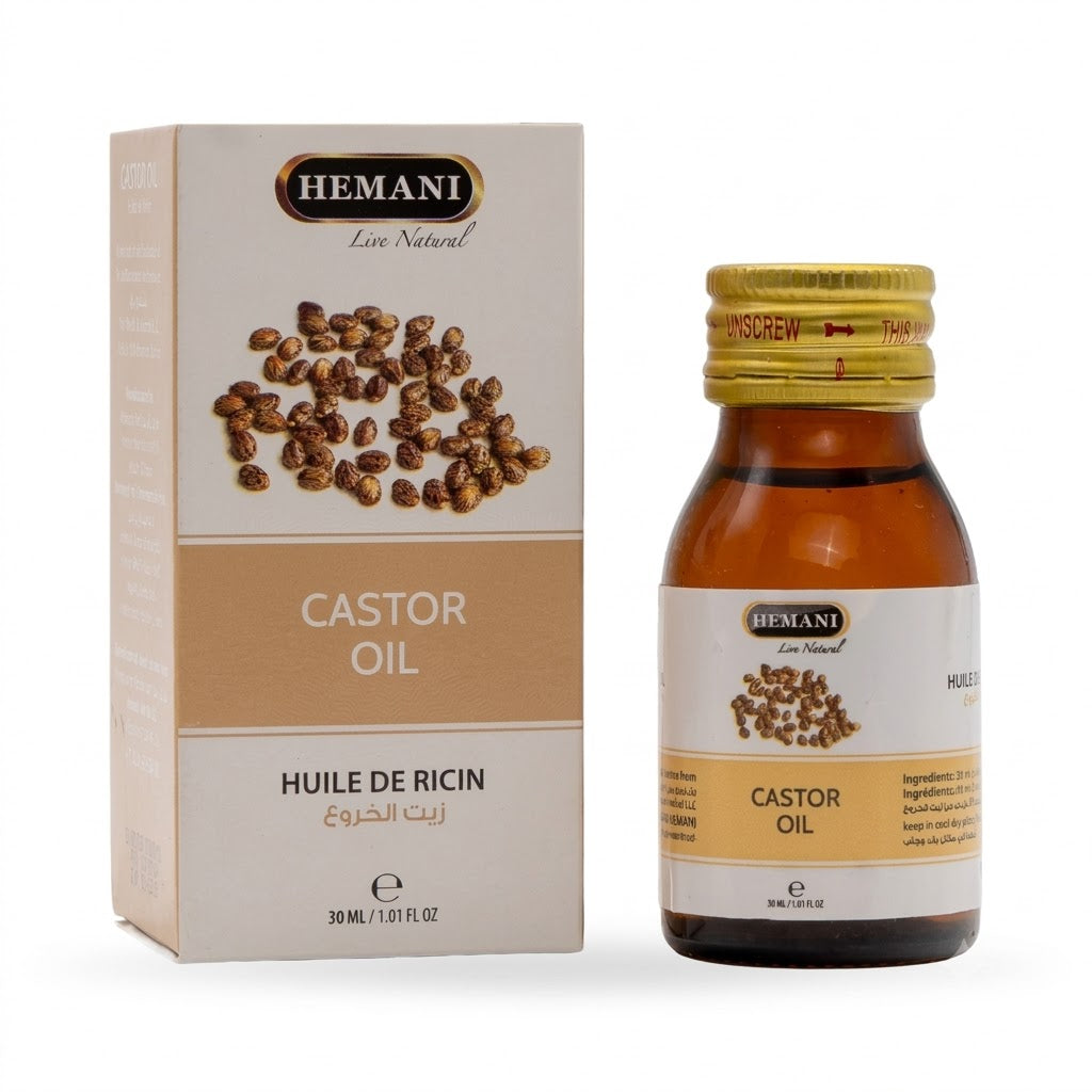 Hemani Castor Oil packaging and bottle on a white background