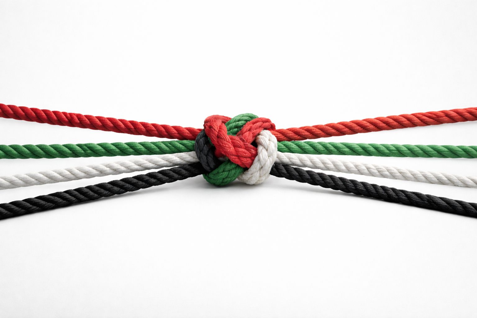 UAE Flag represnts by Four ropes in red, green, black, and white tied together in a knot on a white background.