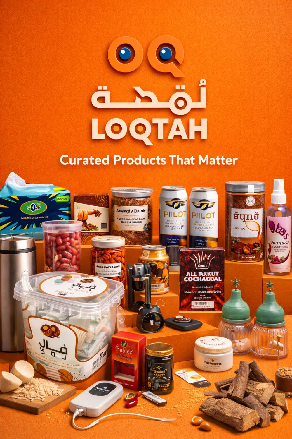 Display of various products on an orange background with LOQTAH branding.