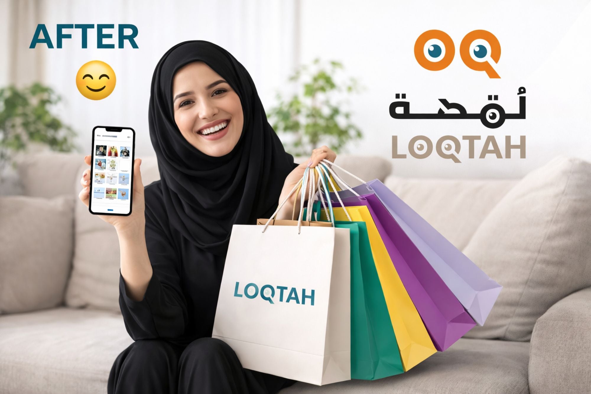 Woman holding a phone and LOQTAH shopping bags in a living room setting