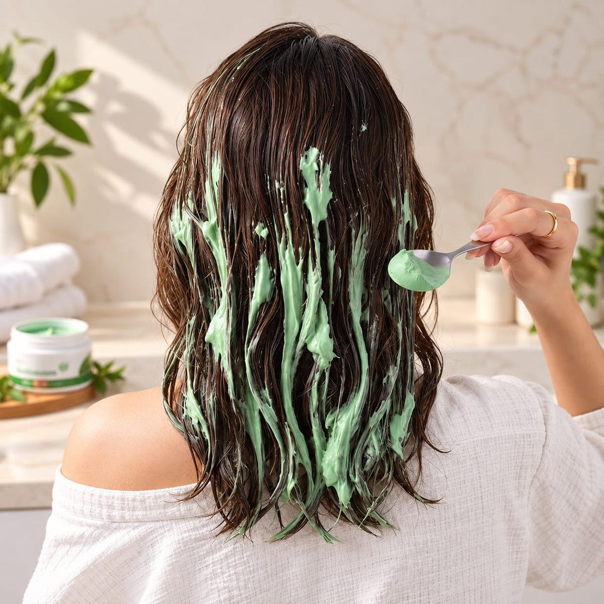 A woman viewed from behind with wet dark brown hair, applying Al Sidr Cream with a spoon. She is wearing a white off-the-shoulder shirt in a bright, modern bathroom setting with plants and toiletries visible in the background.