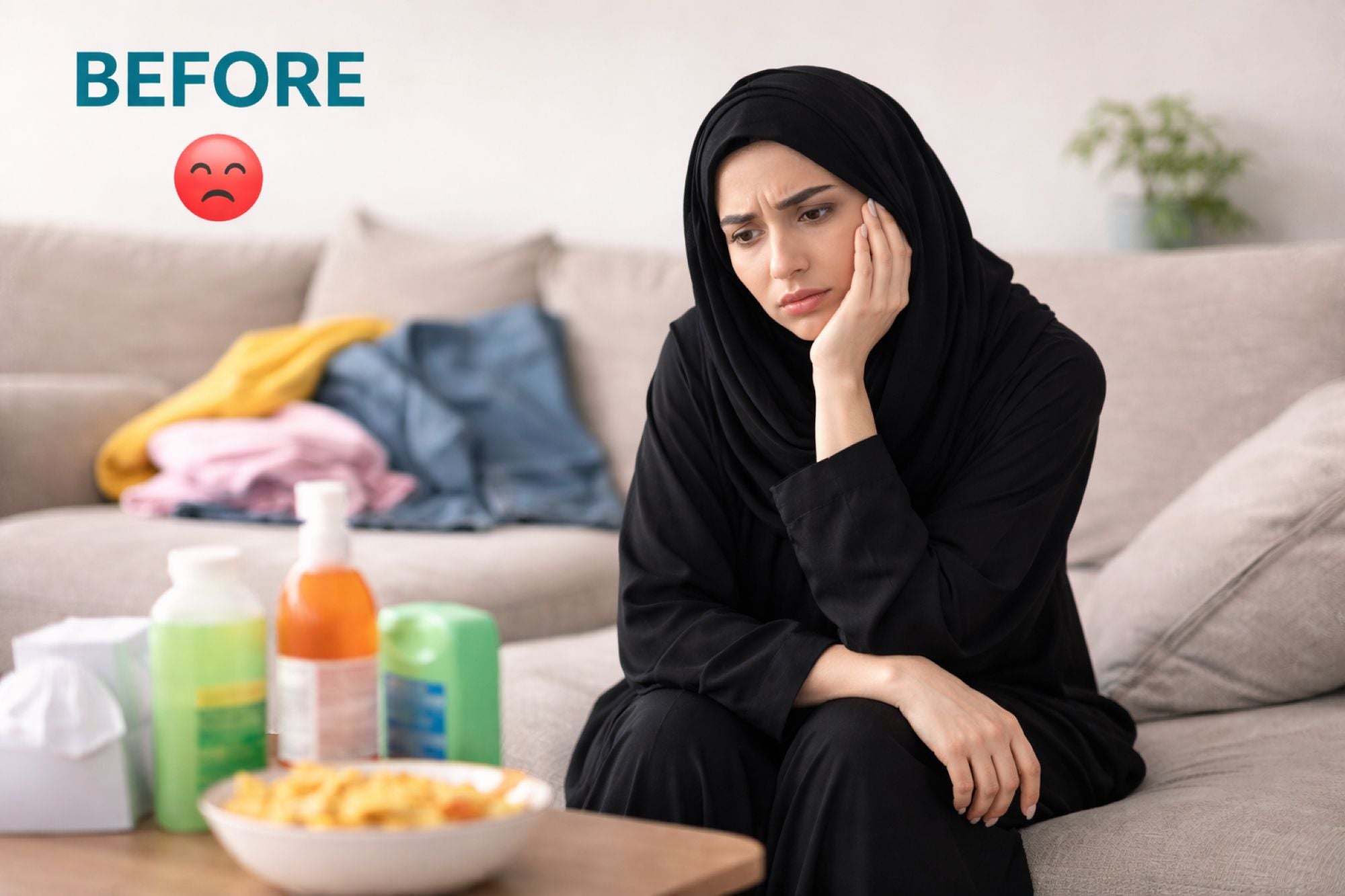 Woman sitting on a couch with cleaning supplies around her, looking stressed.