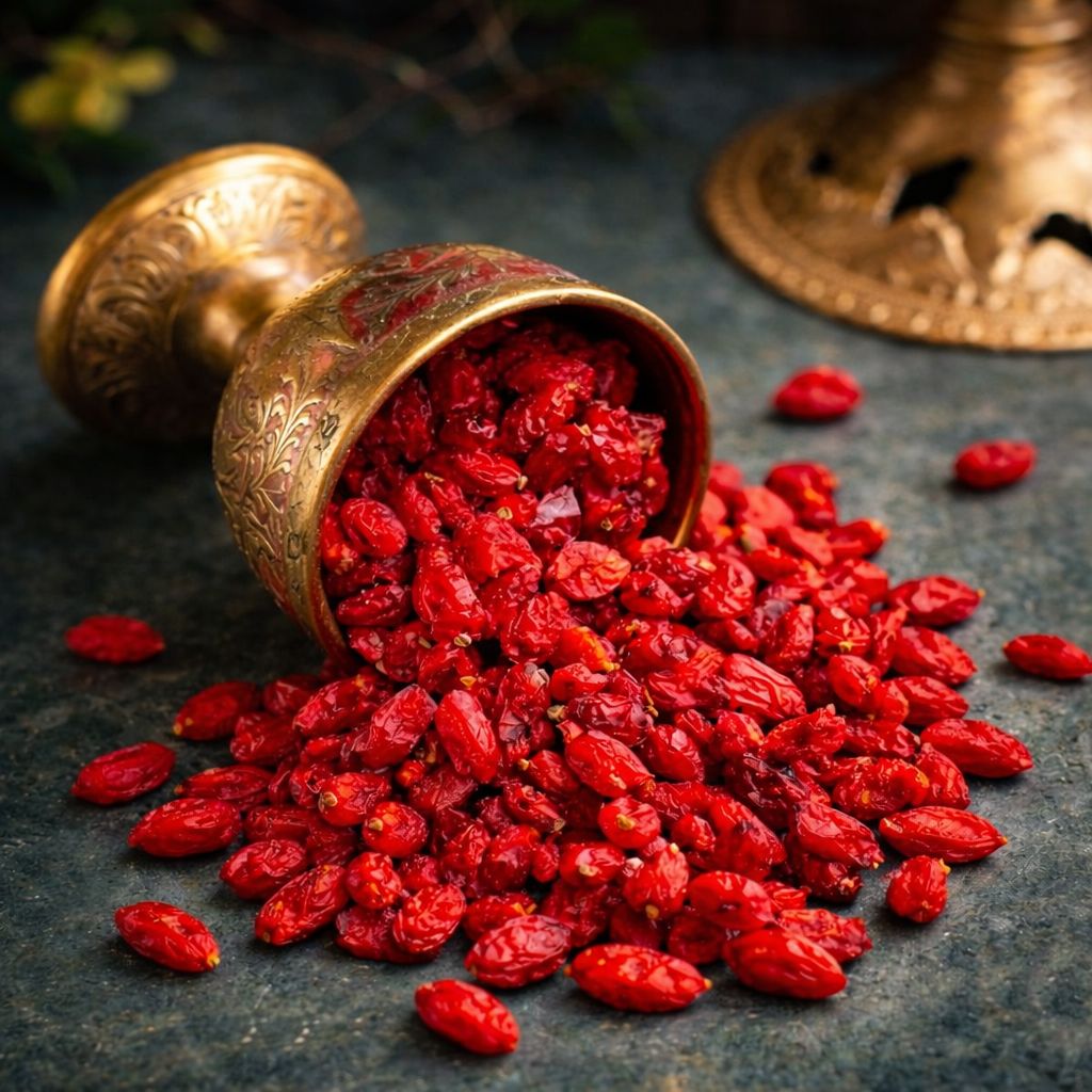 Red goji berries (Barbarine) spilling from an ornate gold container on a dark surface.