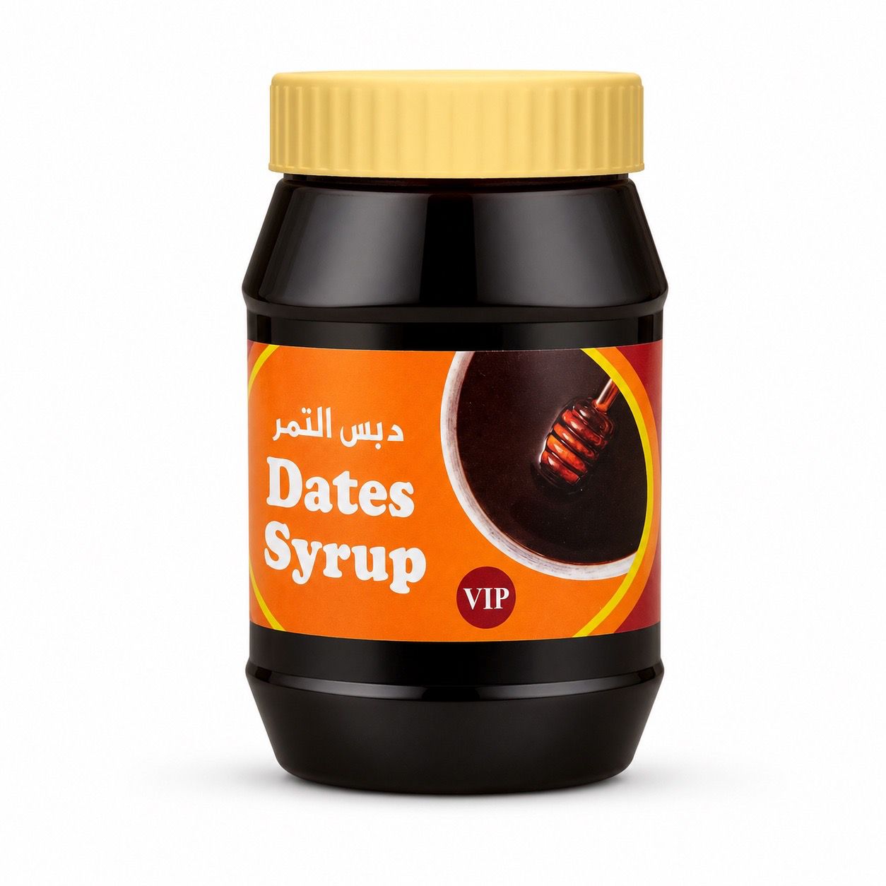 Jar of dates syrup with an orange label on a white background