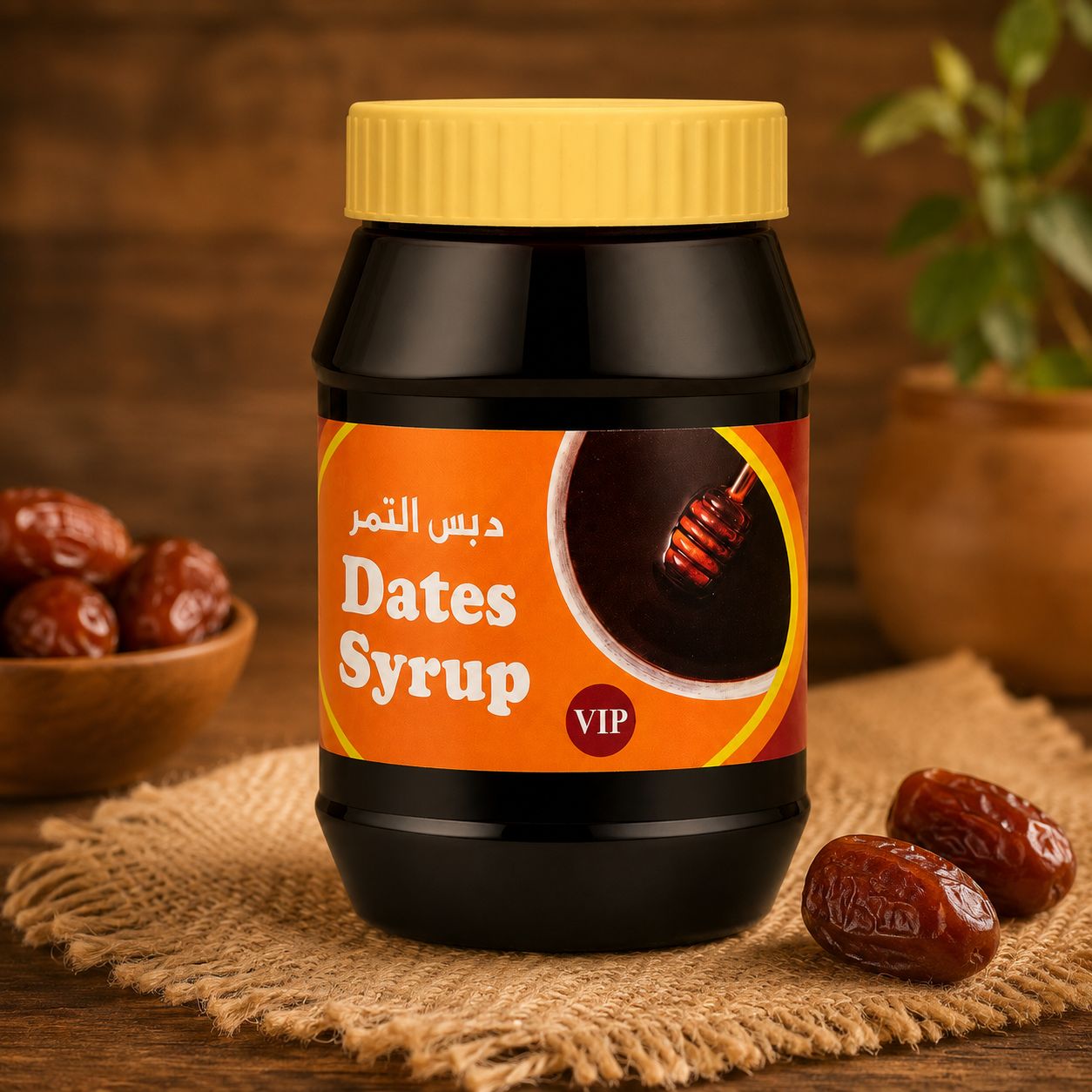 Jar of Dates Syrup with a yellow lid on a wooden surface with dates around
