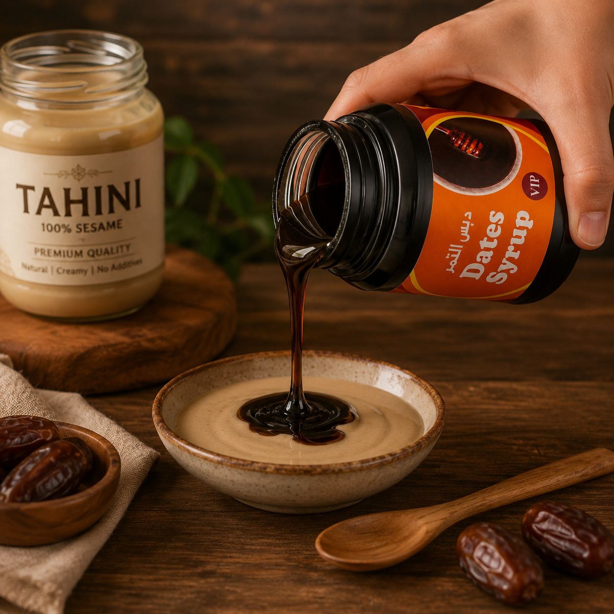 Hand pouring dates syrup into a bowl with tahini on a wooden surface