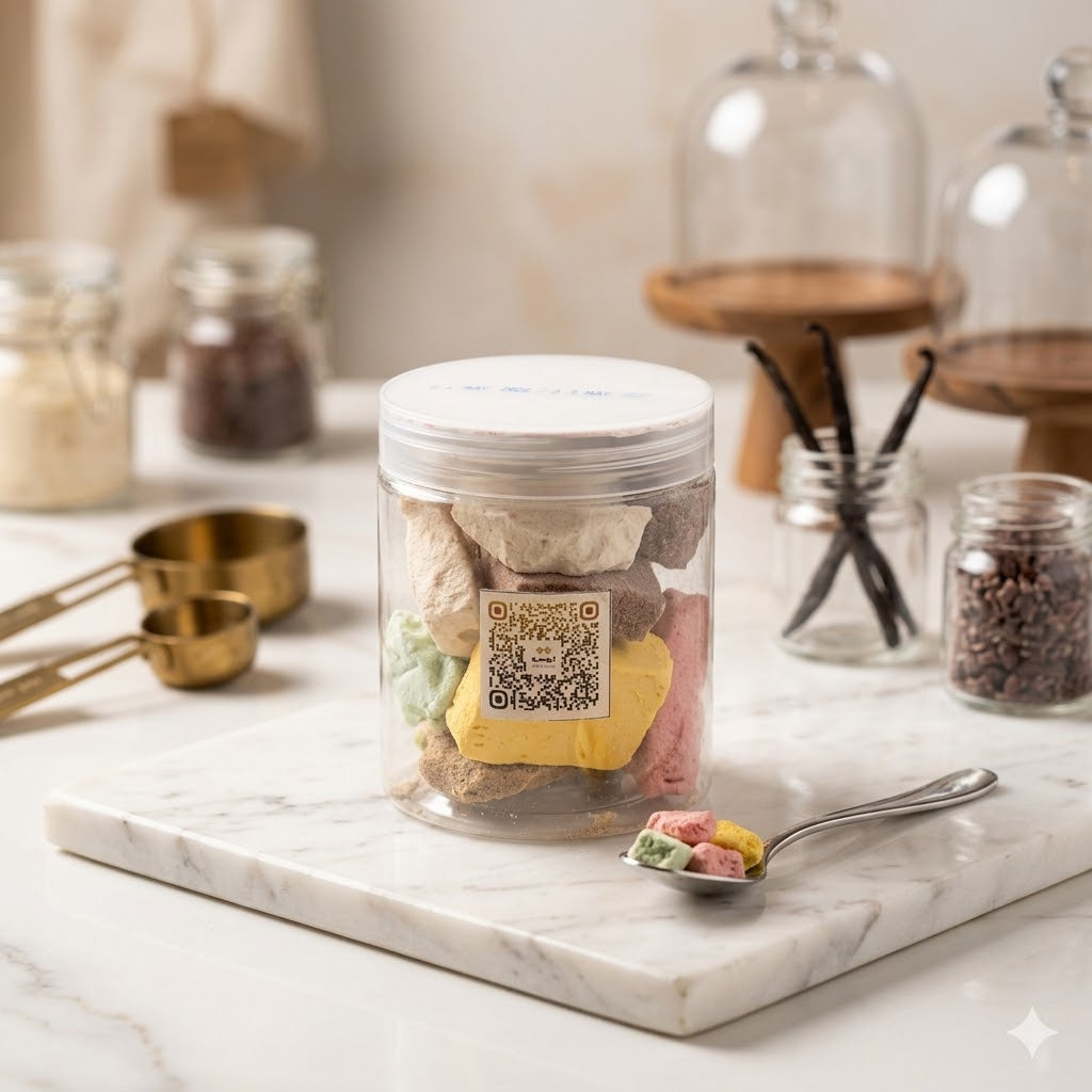 Jar of Dried Ice Cream with a LOQTAH QR code on a marble surface with kitchen items in the background