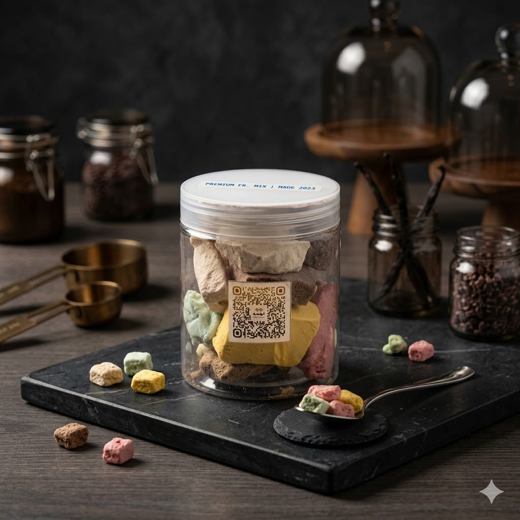 Jar of Dried Mix Ice Cream with a QR code on a dark surface with measuring cups and a dark background.