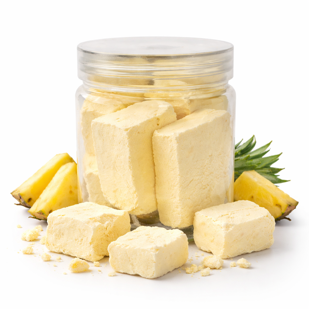 Jar of Dried Ice Cream pineapple-flavored cubes with fresh pineapple pieces on a white background