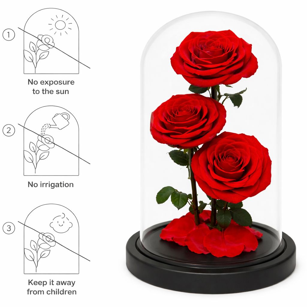 Forever red roses under a glass dome with care instructions on a white background