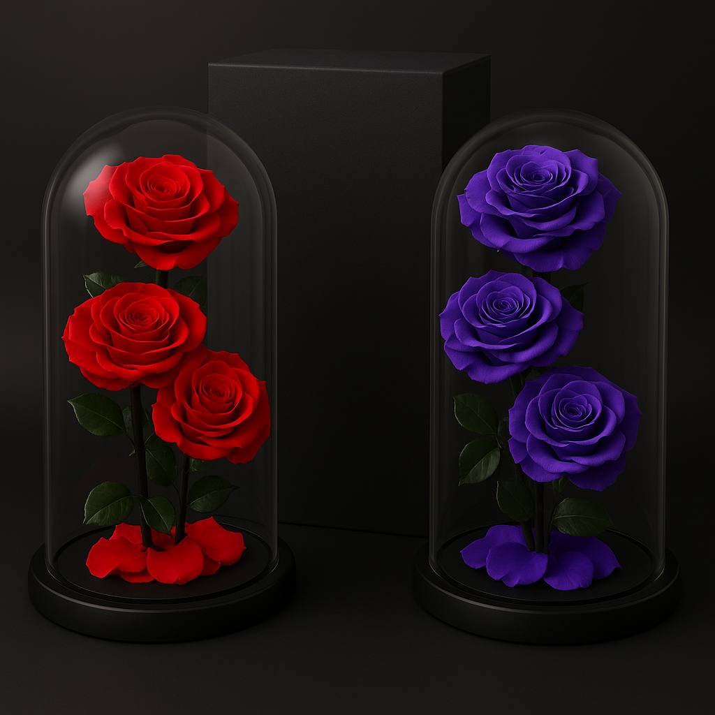 Two glass domes with red and purple forever roses on a black background