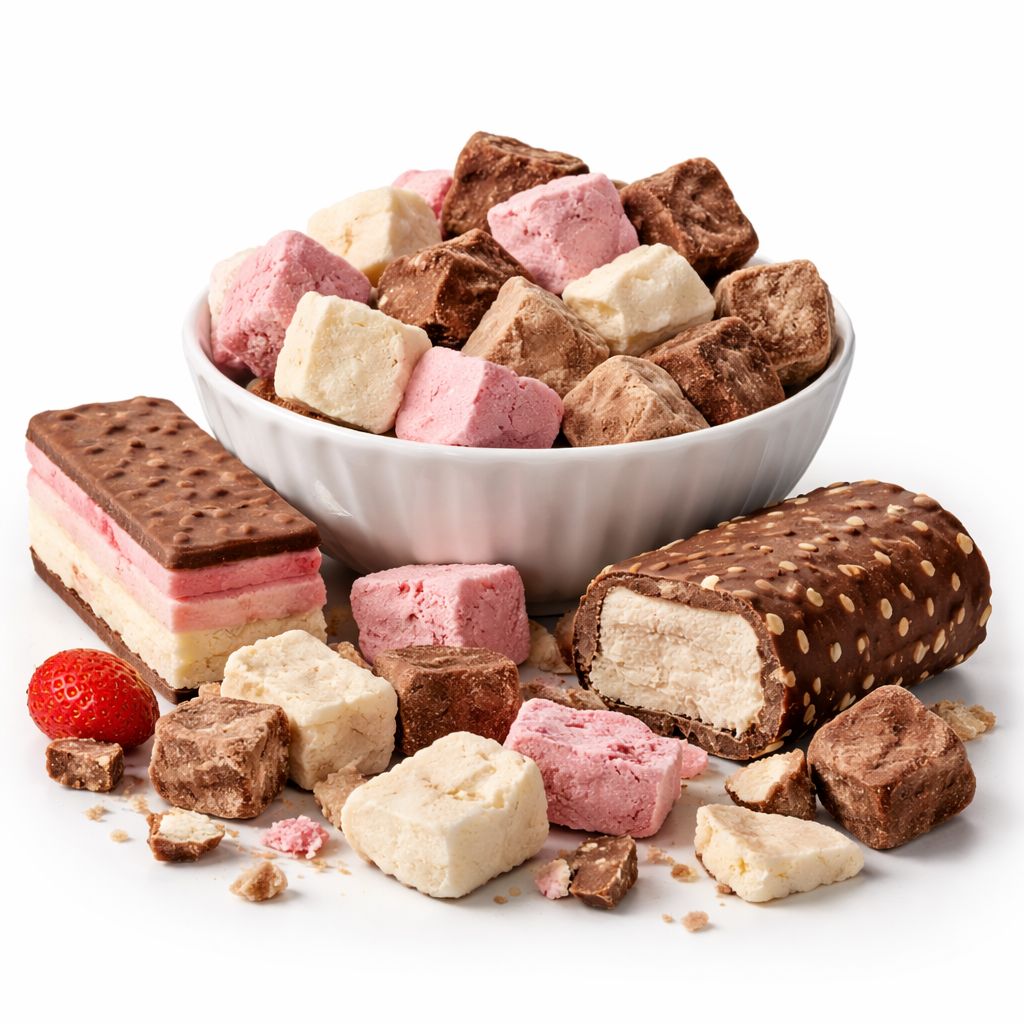 Dried Ice Cream Chocolate and Fruires treats on a white background