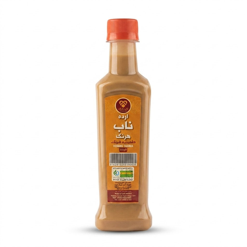 Bottle of Herang Tahinia with a red cap on a white background