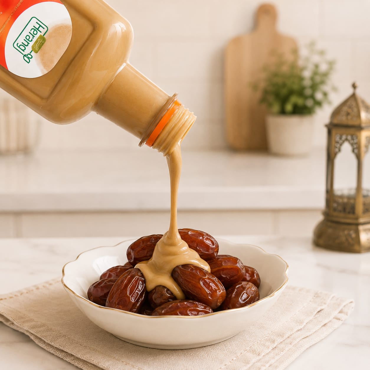 Herang Tahinia being poured from a bottle onto dates in a bowl on a kitchen counter.