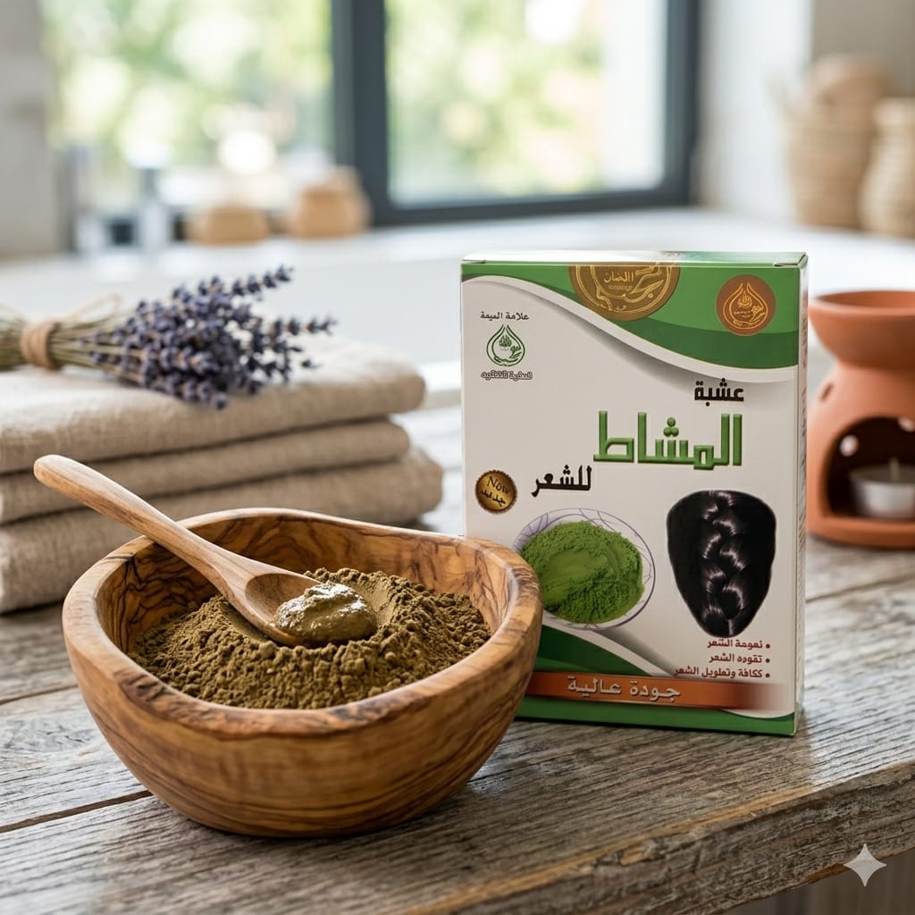 Wooden bowl with green powder and a box labeled 'Al Mashat Herb' on a wooden surface.