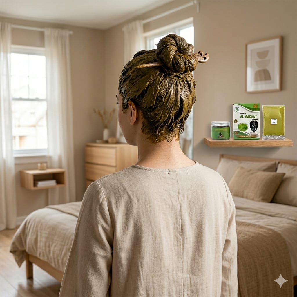 Woman with green hair mask applying it in a bedroom setting, with products displayed on a shelf.
