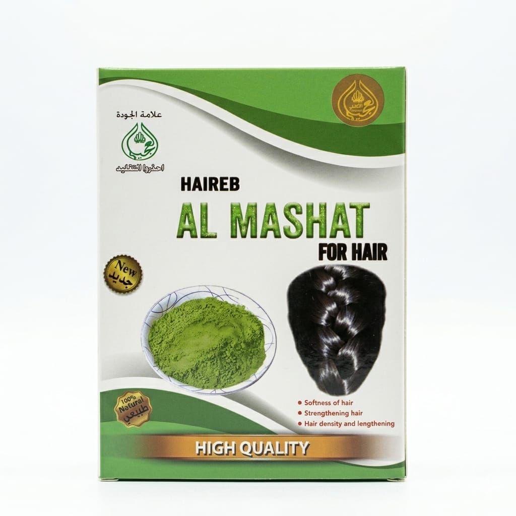 Al Mashat Herb for hair packaging with green powder and black hair on a white background
