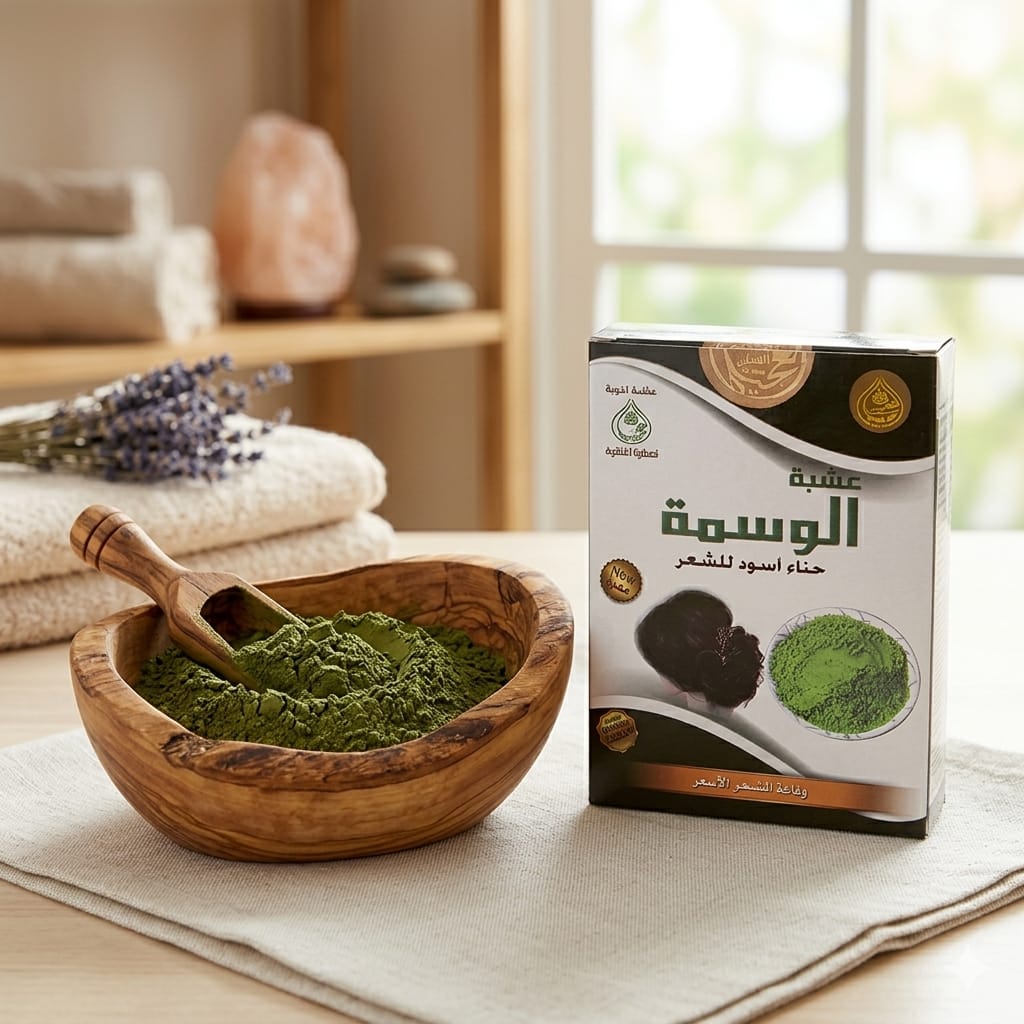 Wooden bowl with green powder and a box labeled 'Al Wasmah Herb' on a table.