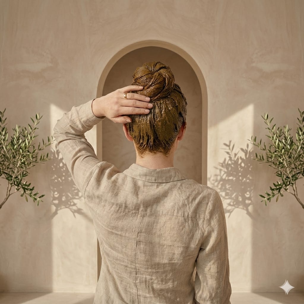 Person with a bun standing in front of a beige wall with an archway, holding their hair back.