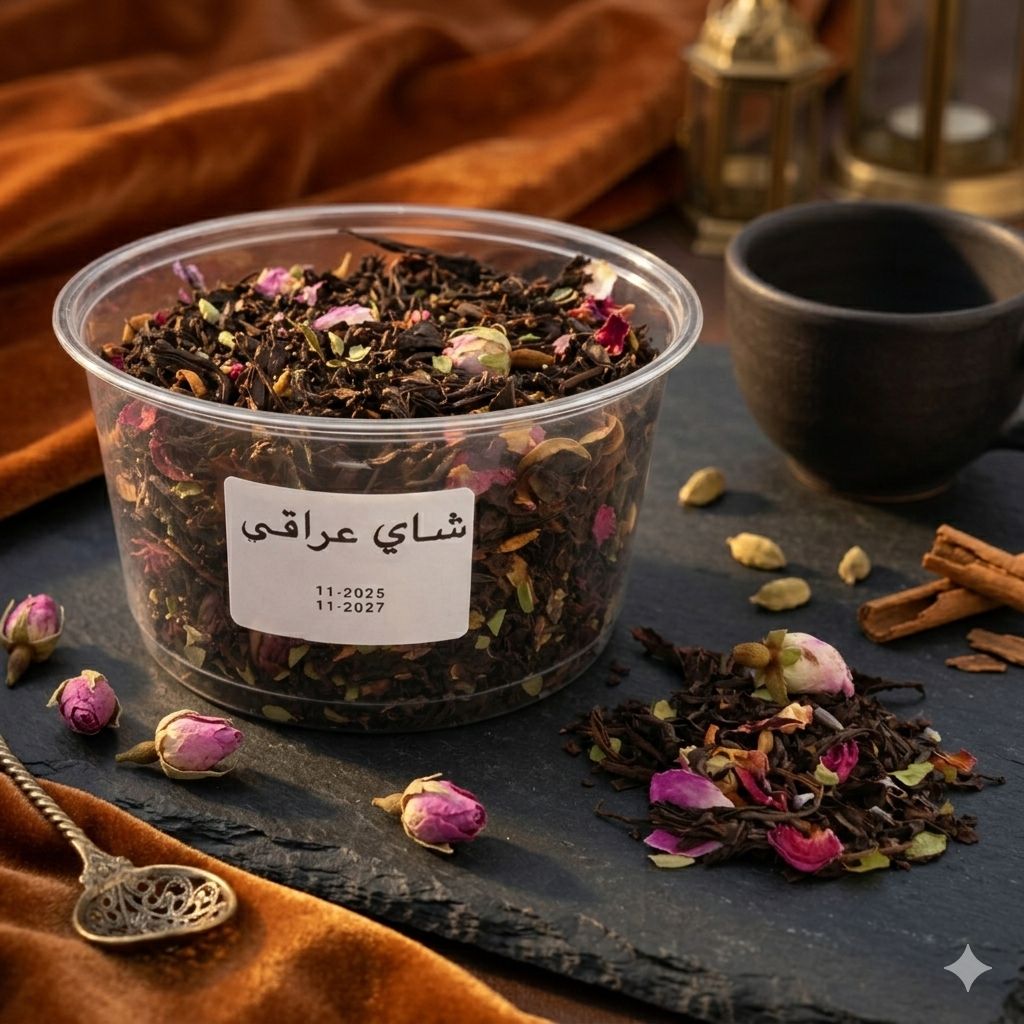 Clear container of dried tea leaves with a label, surrounded by tea leaves and a cup on a dark surface.