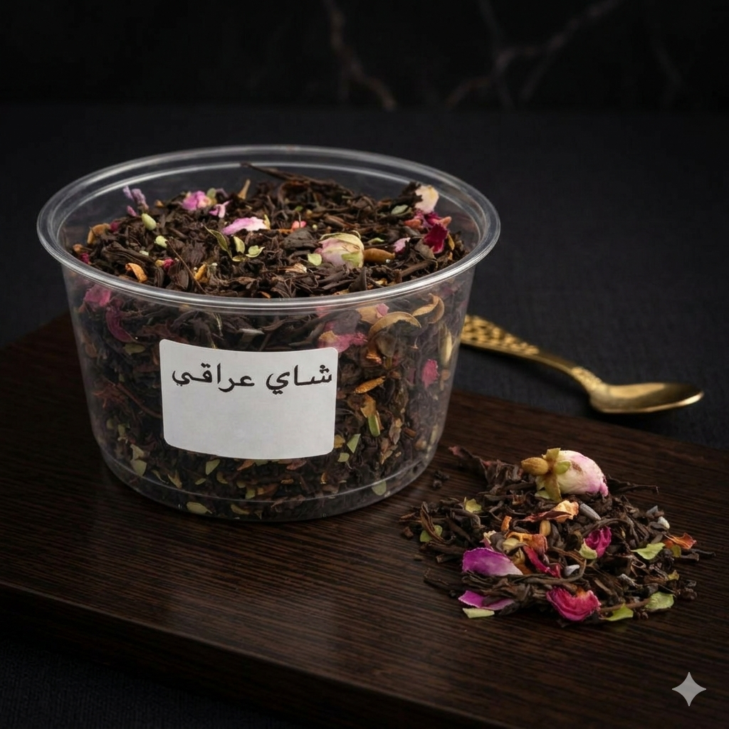 LOQTAH Iraqi Tea - Clear container with dried tea leaves and flowers on a dark surface