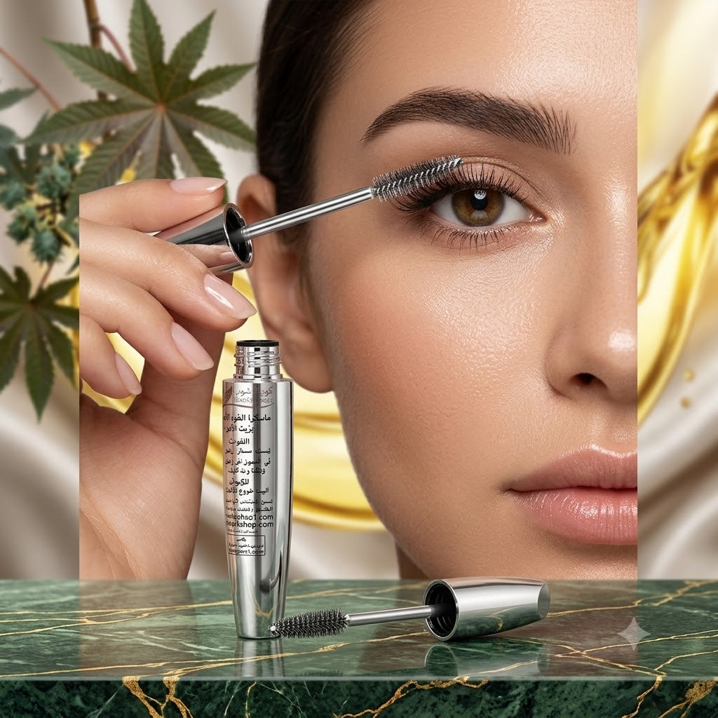 Woman applying mascara with a silver mascara wand on a marble surface.