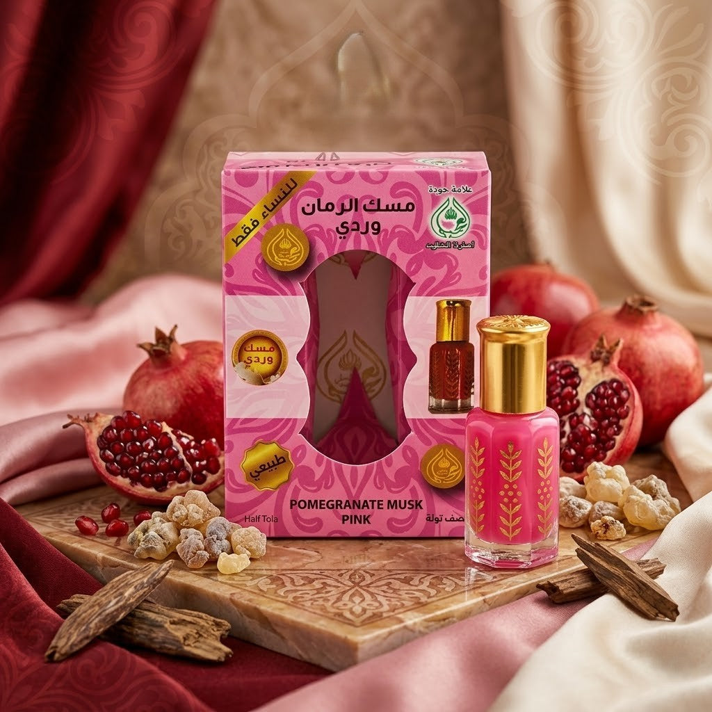 Pink Musl Al Tahara bottle and packaging with pomegranates on a decorative surface