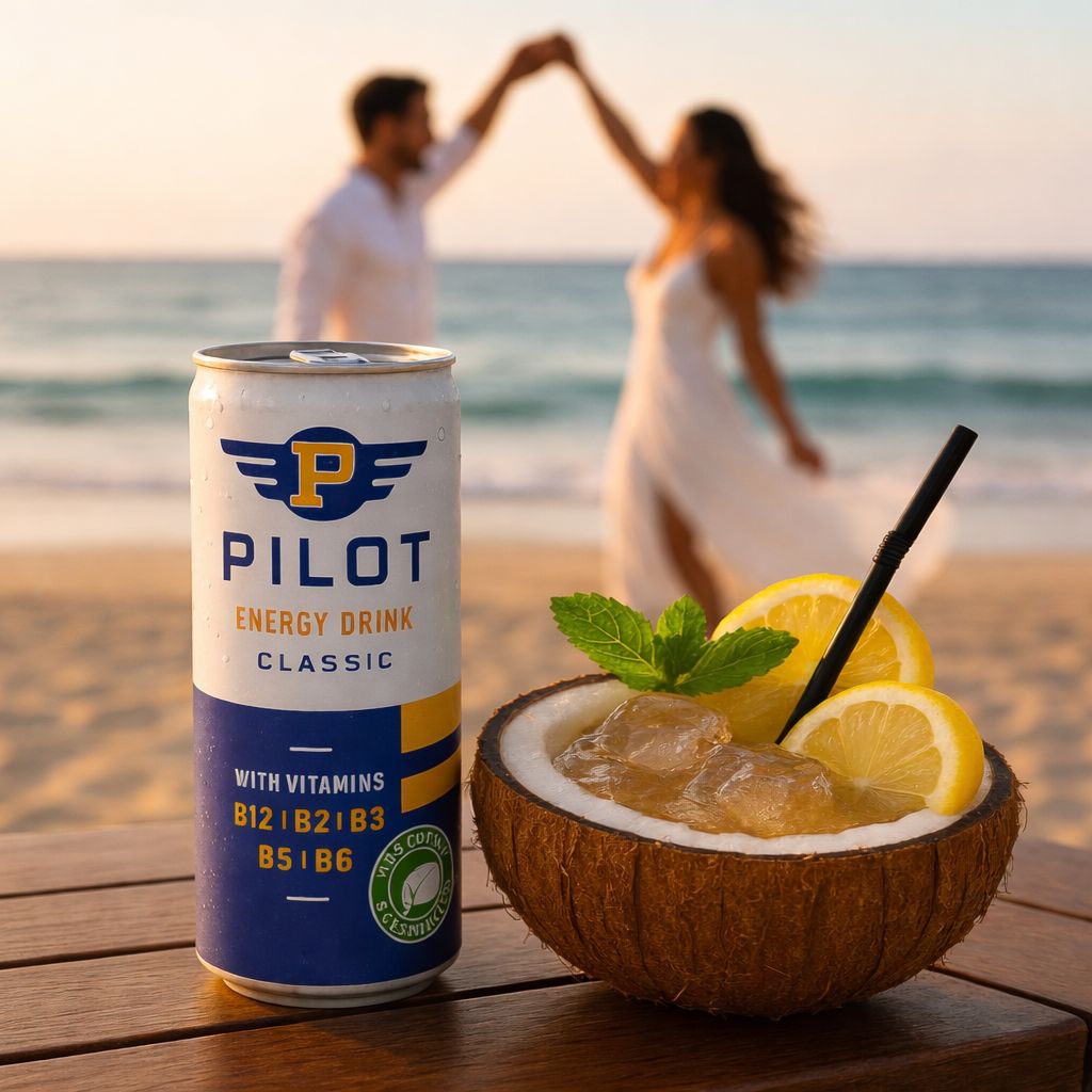Pilot energy drink can with a coconut on a beach setting