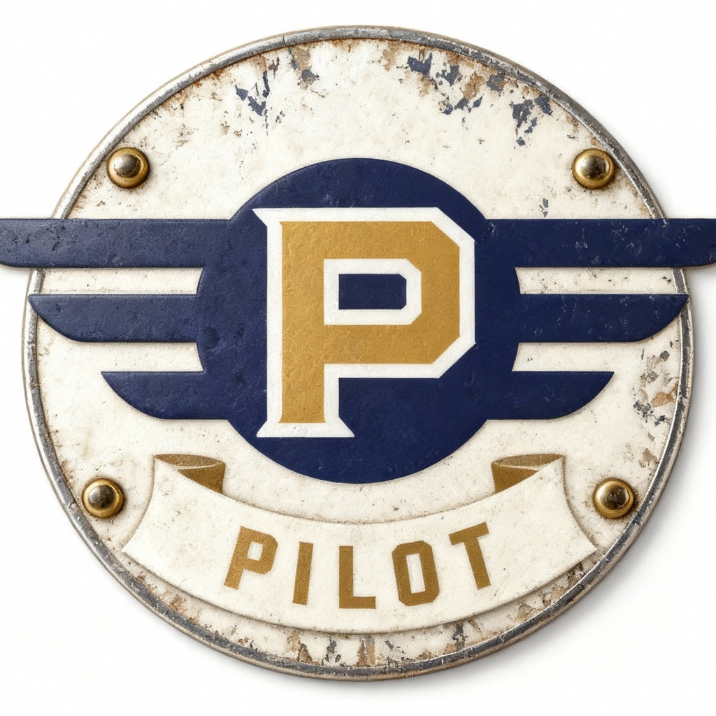 Vintage-style 'Pilot' logo with a gold 'P' and blue wings on a white background.