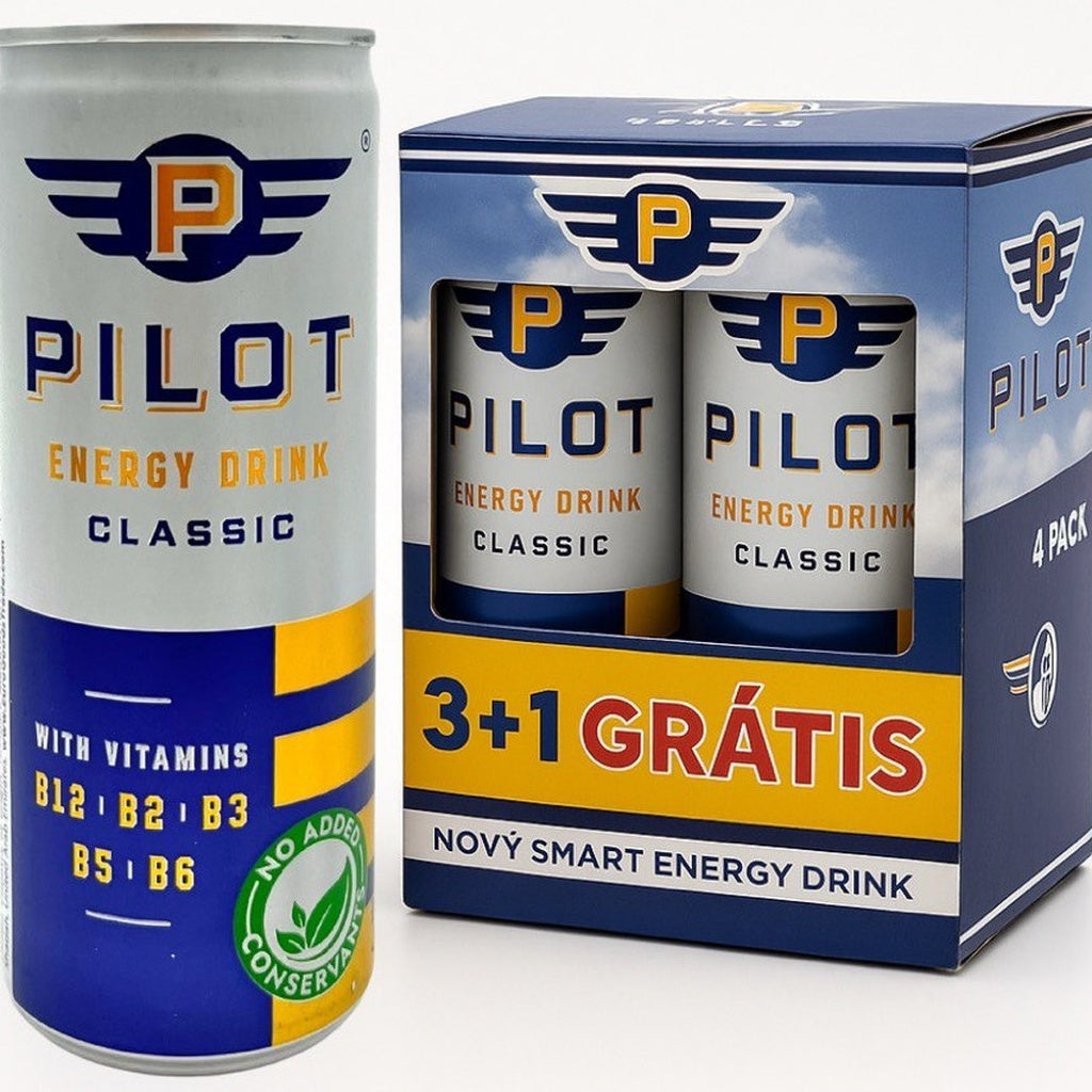 Pilot Energy Drink can and packaging of 4 with promotional text.