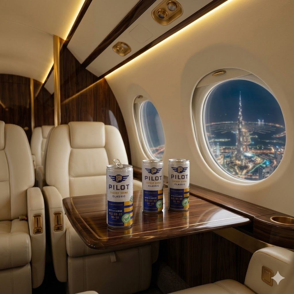 Luxury airplane interior with Pilot Energy Drink cans on a tray table, overlooking a cityscape at night.