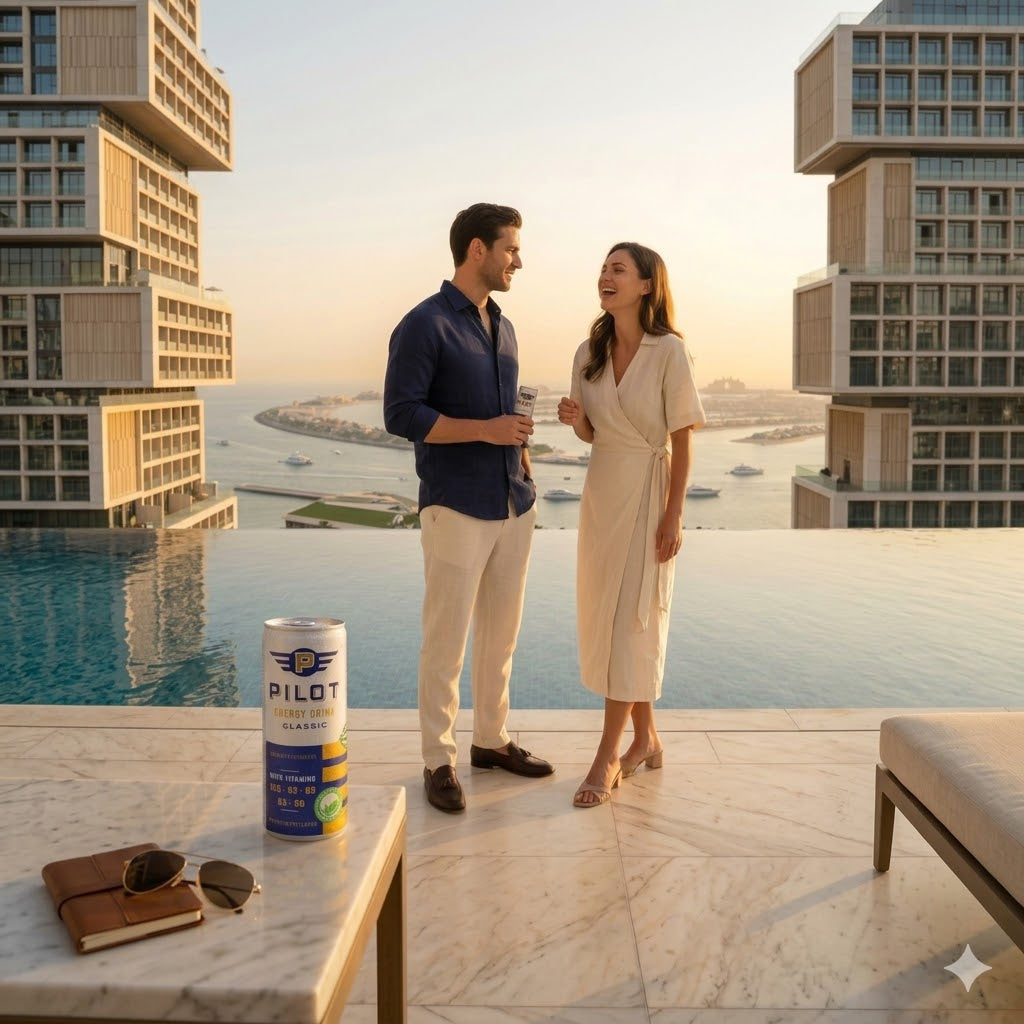 Man and woman standing on a rooftop with a scenic view, holding PILOT Energy Drink with a Pilot can in the foreground.
