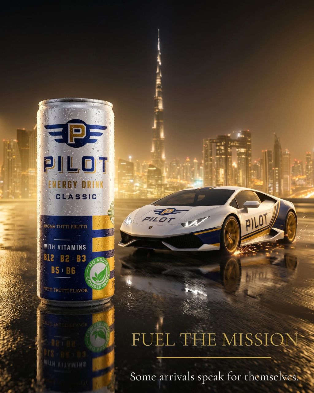 PILOT Energy Drink in Dubai with Lamborghini Car and behind is Burj Khalifah