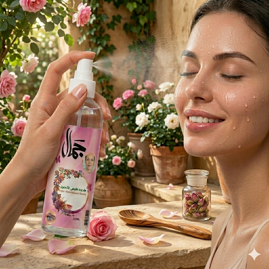 Woman applying a spray bottle of Natural Rose Water with floral design outdoors