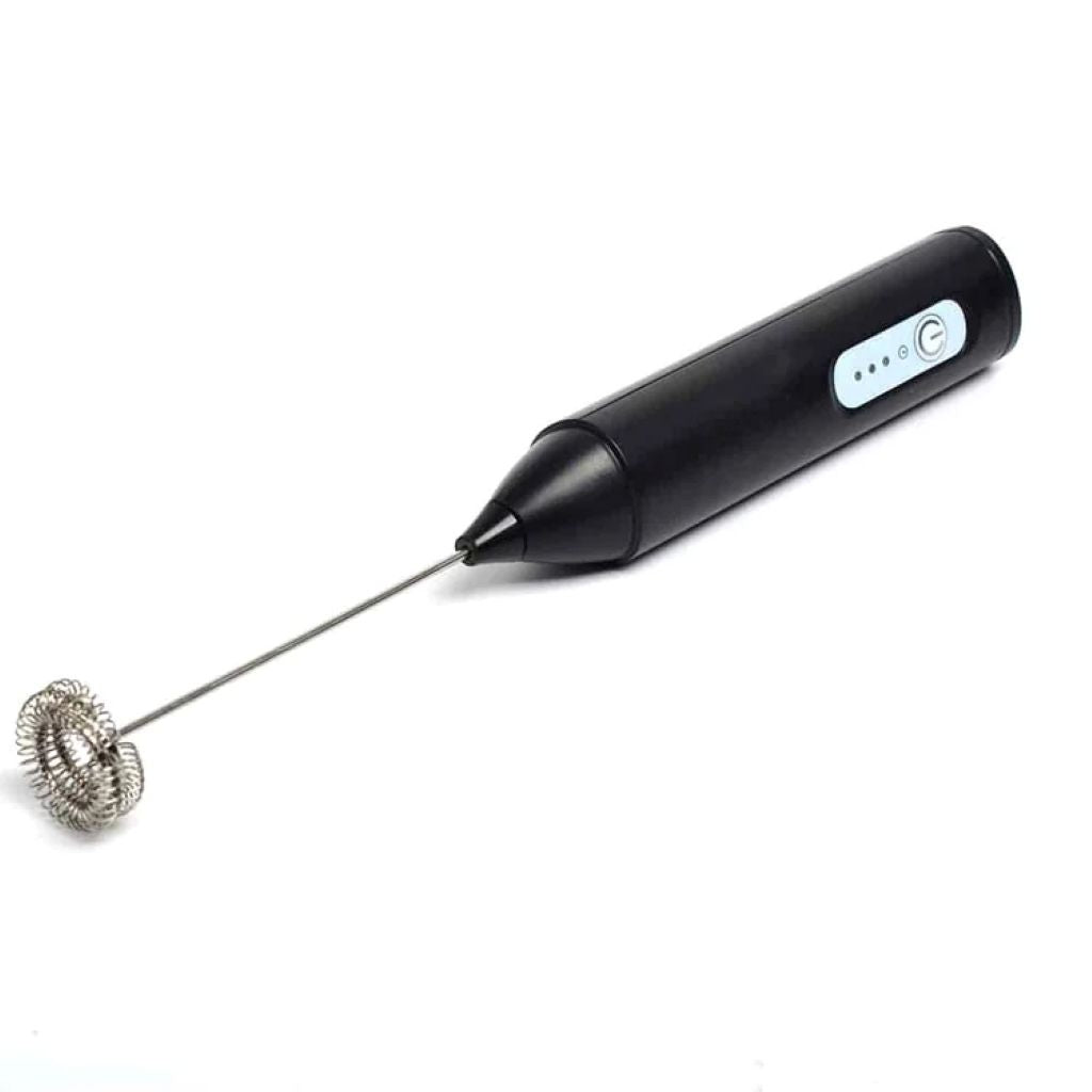 Black handheld milk frother / Powder Mixer with metal whisk on a white background