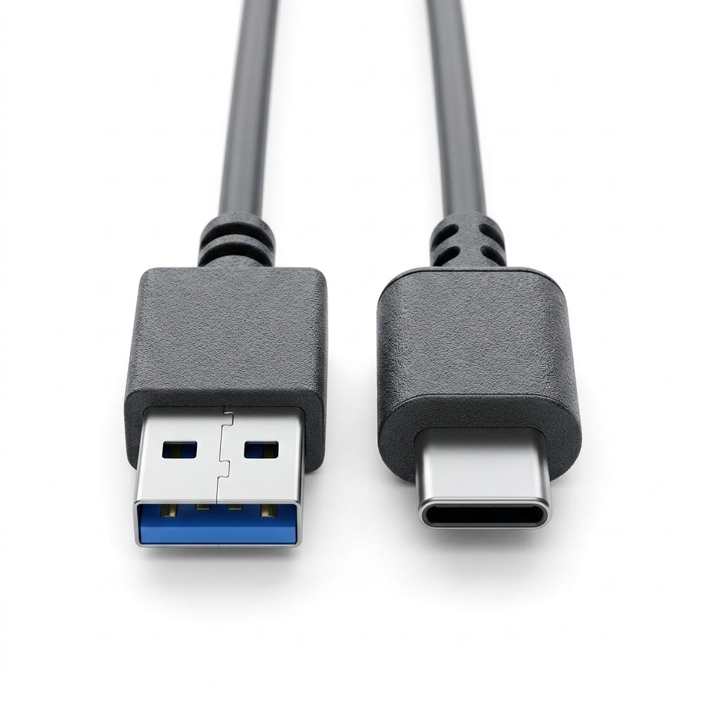 USB 3.0 cable with one end being USB Type-A and the other end being USB Type-C on a white background.
