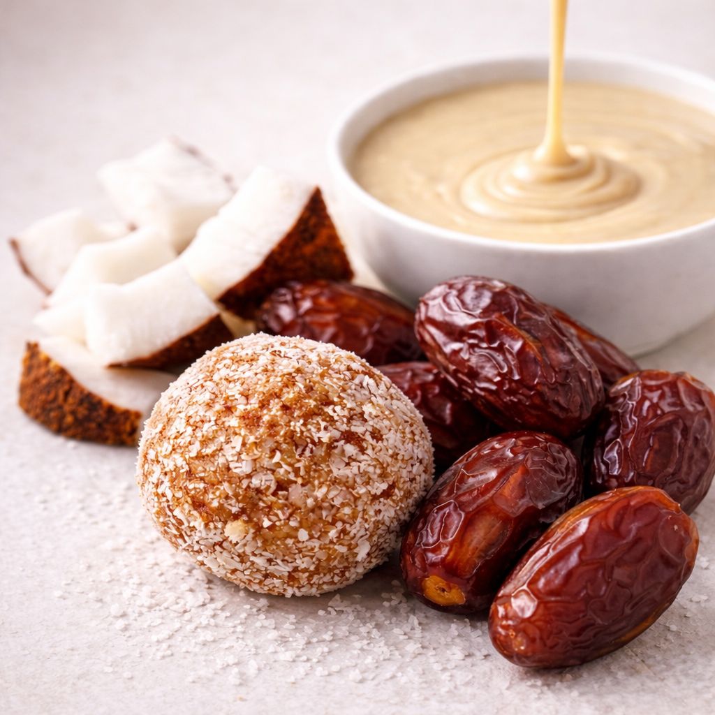 Date ball with dates and coconut on a light surface