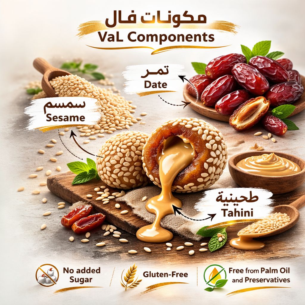 Val Components product with sesame seeds, dates, and tahini on a wooden board.