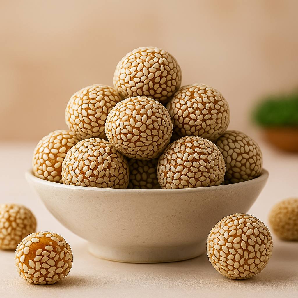 Bowl of VaL stuffed Date balls covered with sesame seed on a beige background