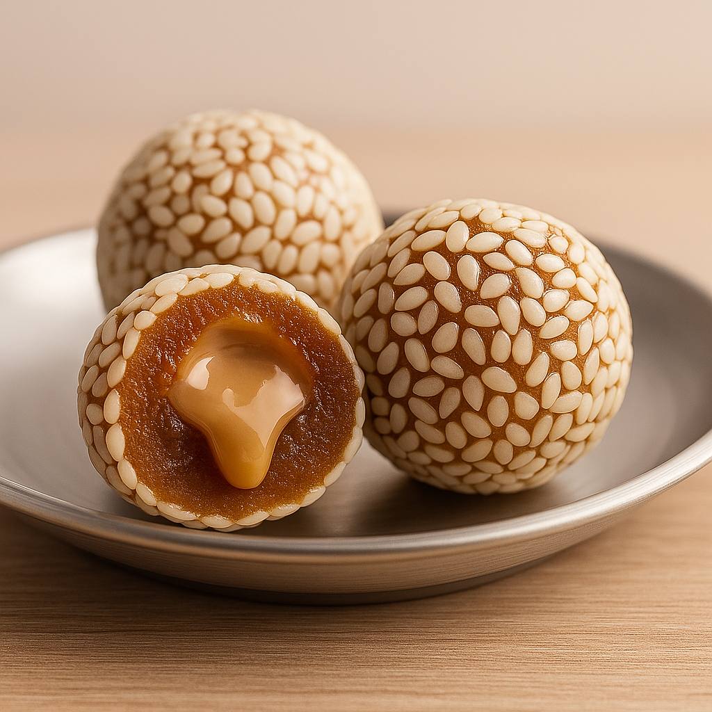 Three round VaL dates with a textured surface on a plate, one cut open to reveal a tahini filling.