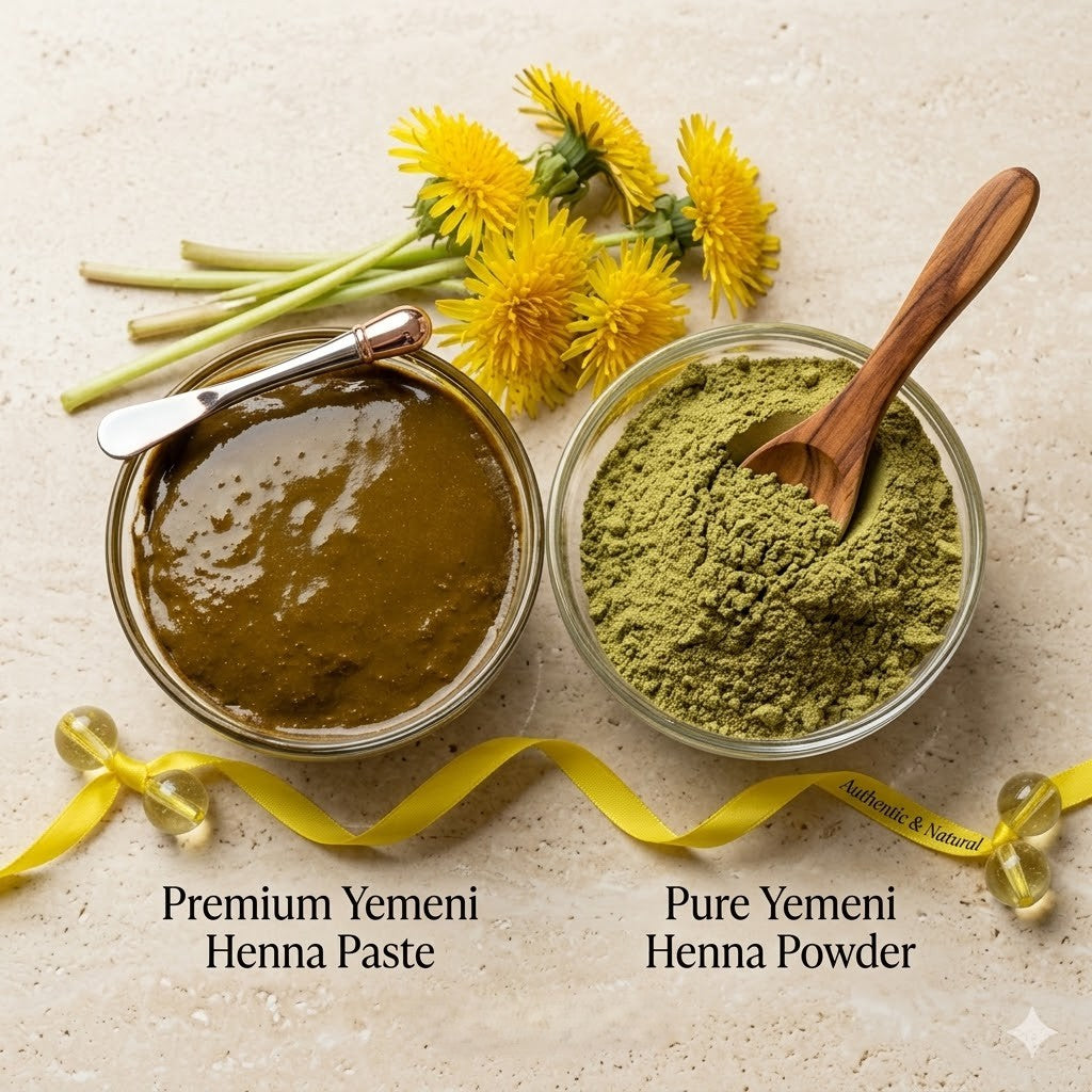 Two containers of henna paste and powder with dandelions on a light background
