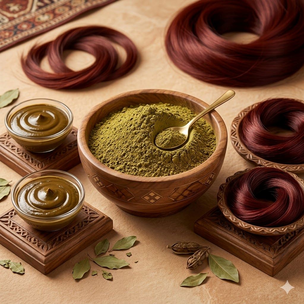 Wooden bowl with green henna powder, two small jars with brown substance, and red hair extensions on a textured surface.