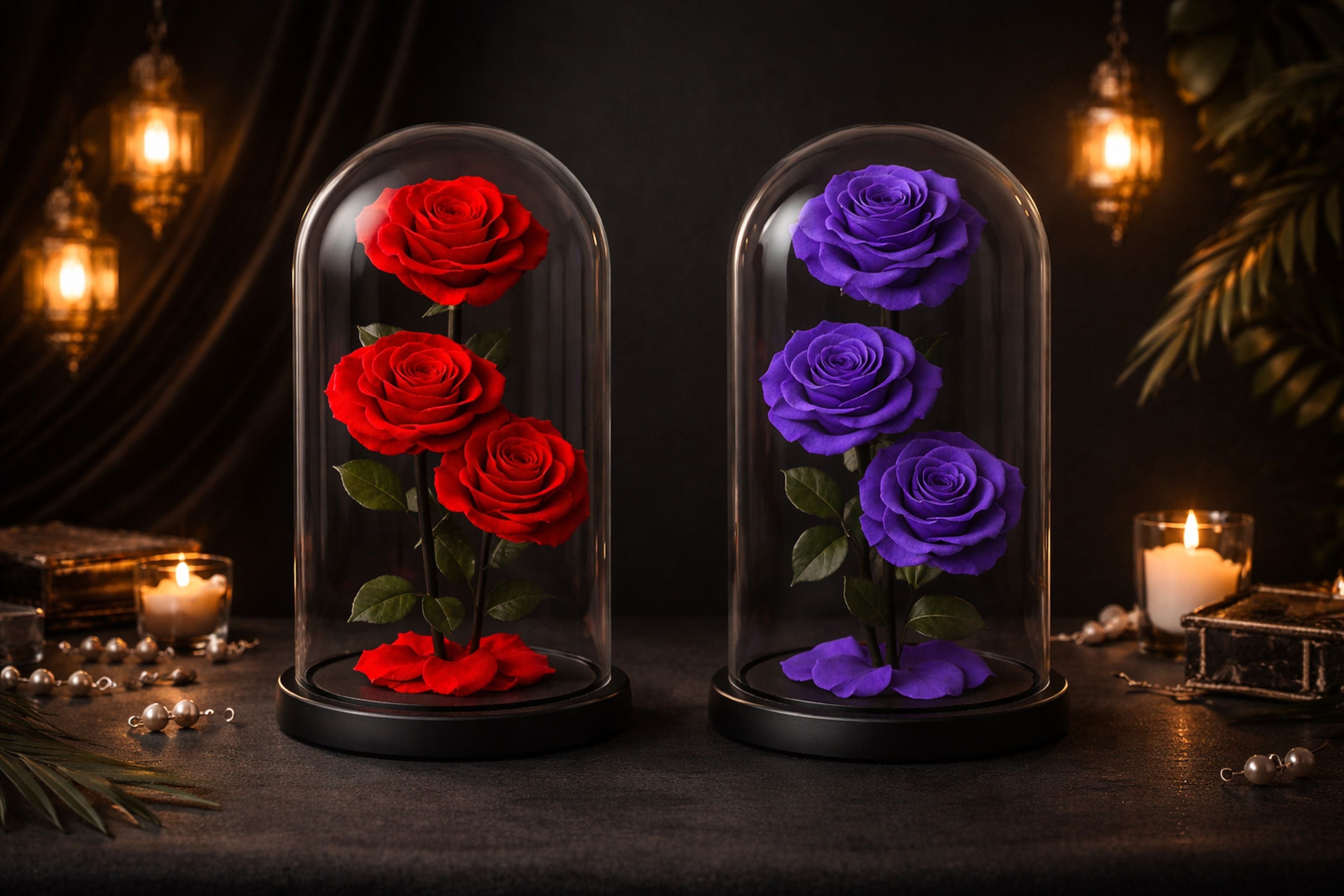 Two glass domes with red and purple roses on a dark background