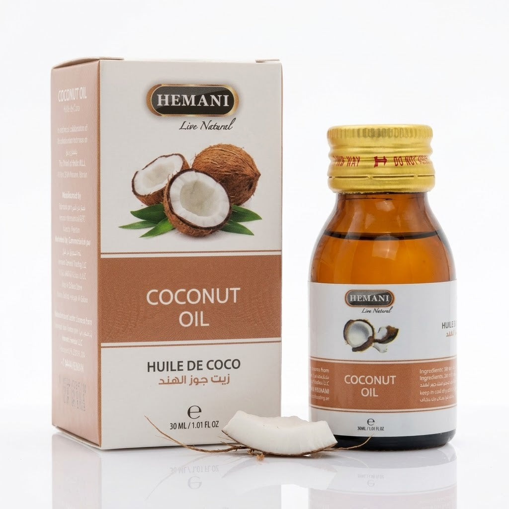 Hemani coconut oil bottle and packaging on a white background