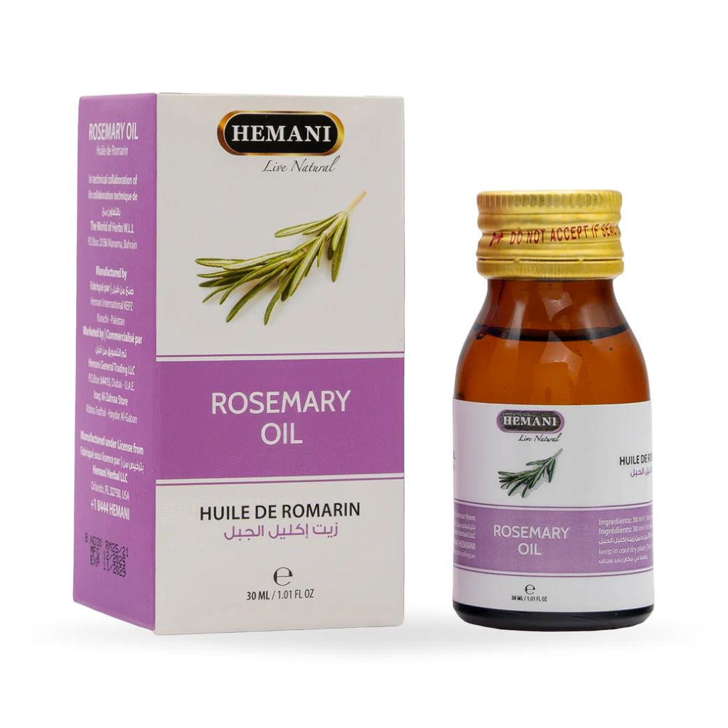 Hemani Rosemary Oil packaging and bottle on a white background