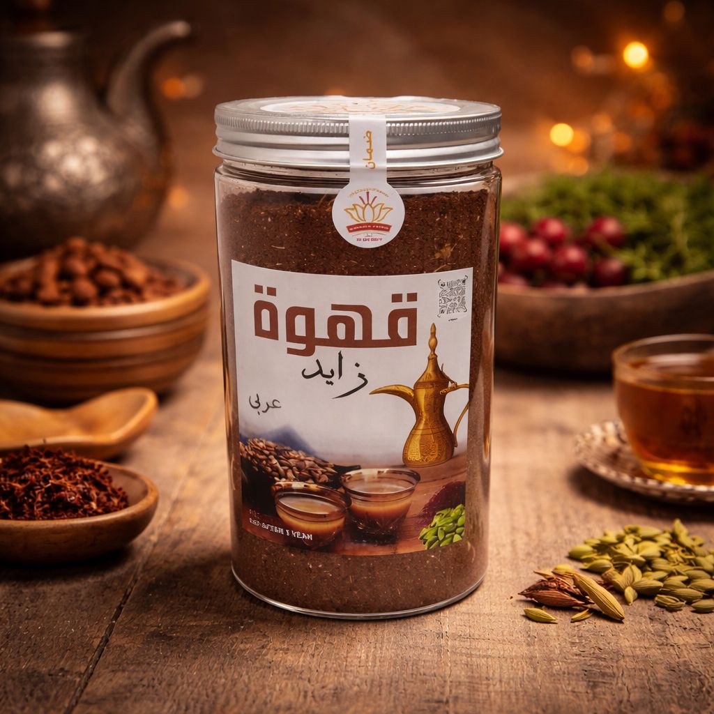 Jar of Zayed Coffee with a label on a wooden table with coffee beans and a teapot in the background