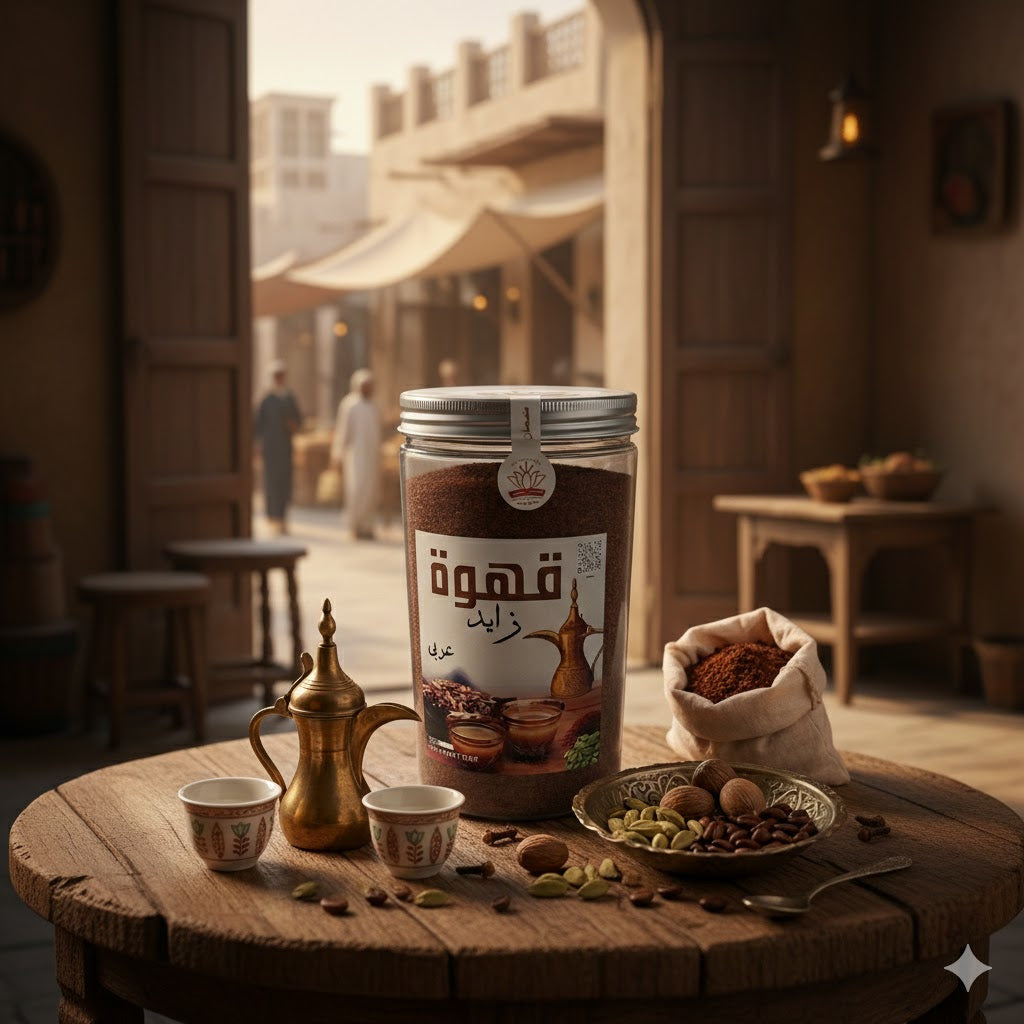 Zayed Coffee canister on a wooden table with coffee-making equipment and ingredients in a rustic setting.
